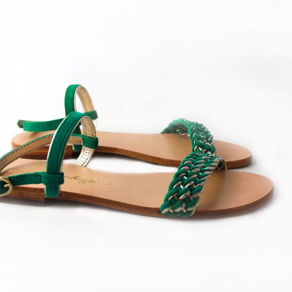 sandalia plana cuero trenza verde